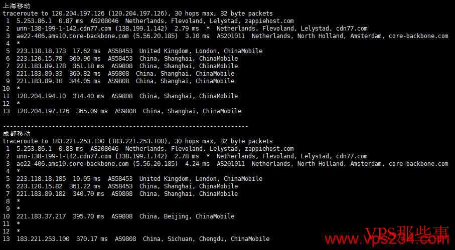 HostShield荷兰VPS移动回程路由 HostShield荷兰VPS移动回程路由