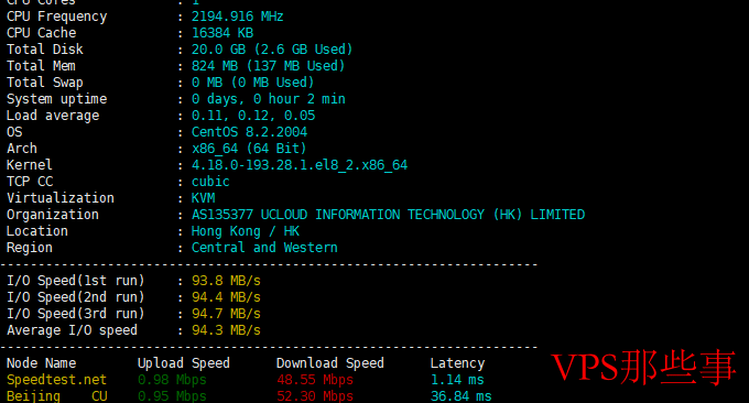 Ucloud香港VPS主机磁盘IO、内存测试