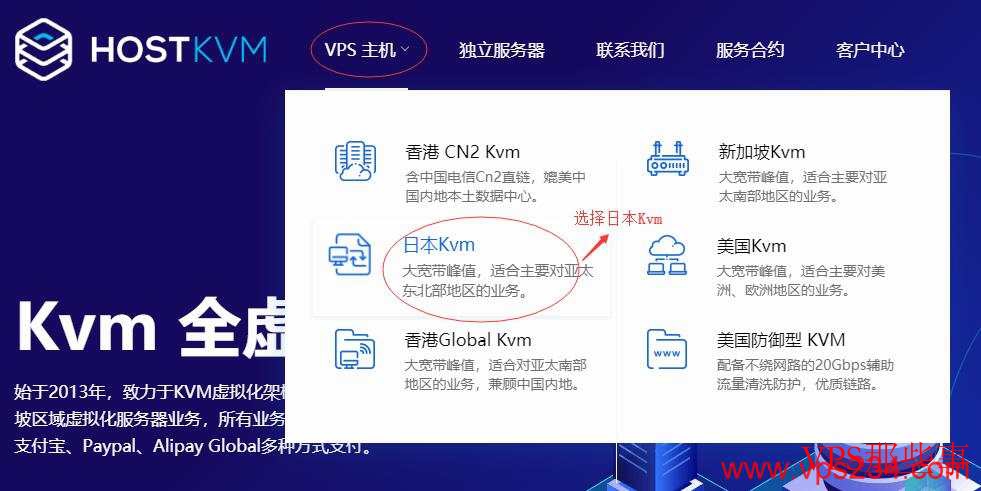 HostKVM日本WindowsVPS购买教程-选择菜单