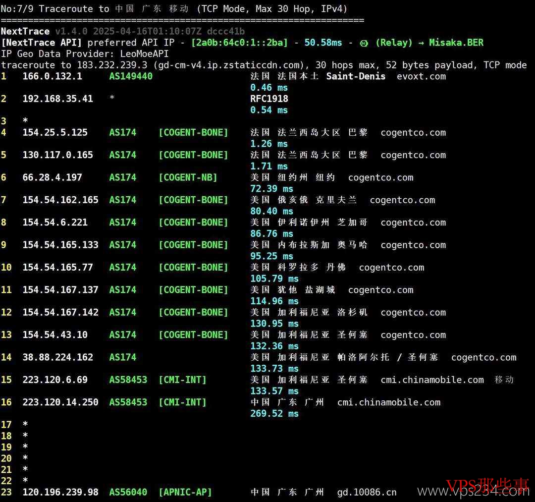Evoxt法国VPS移动回程路由测试结果