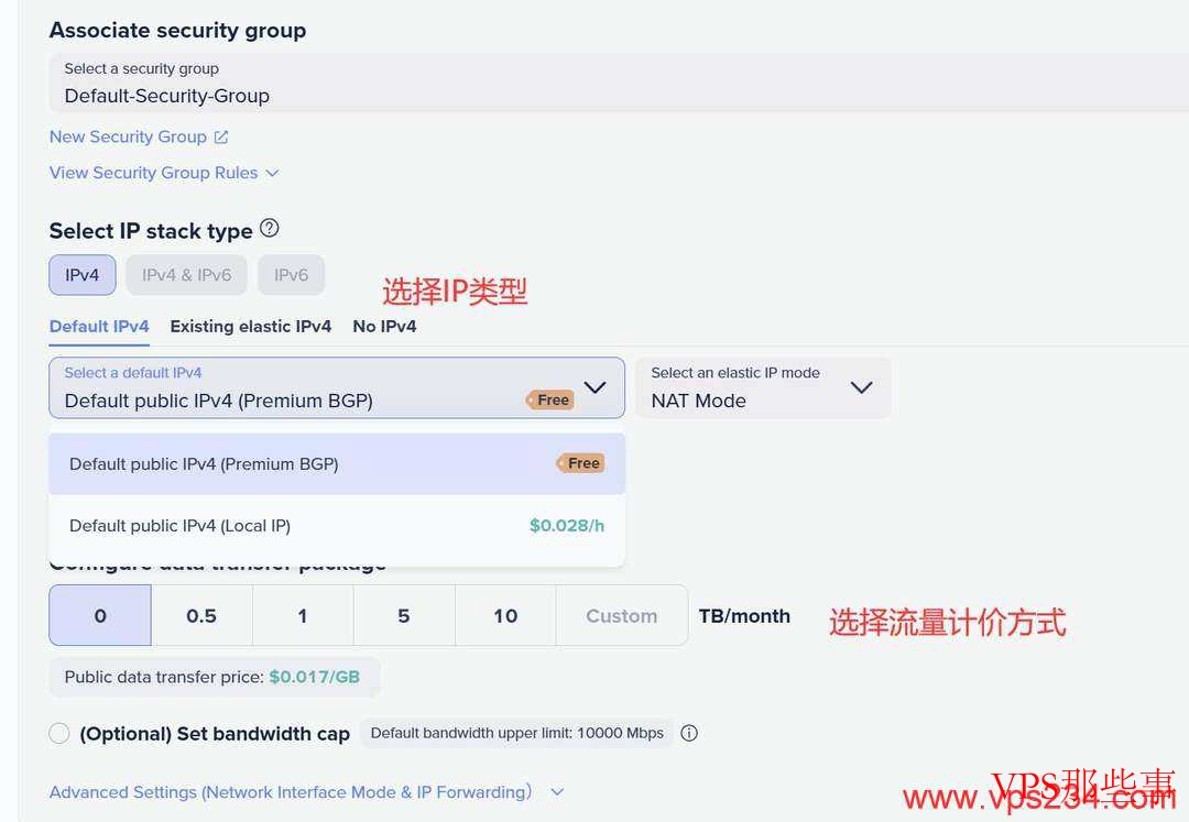 选择IP类型和计费方式