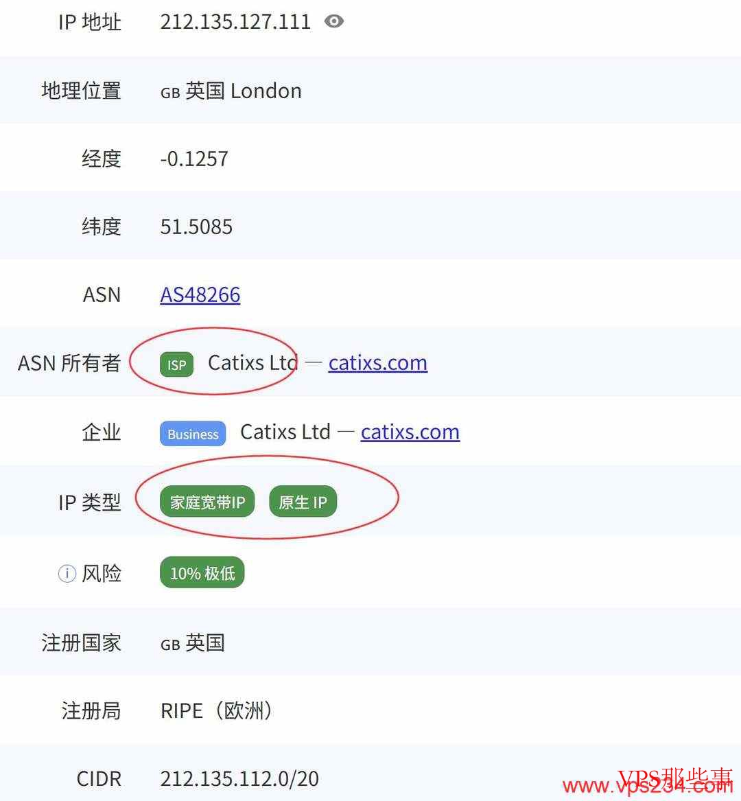 吉云英国家宽VPS ISP原生住宅IP检测