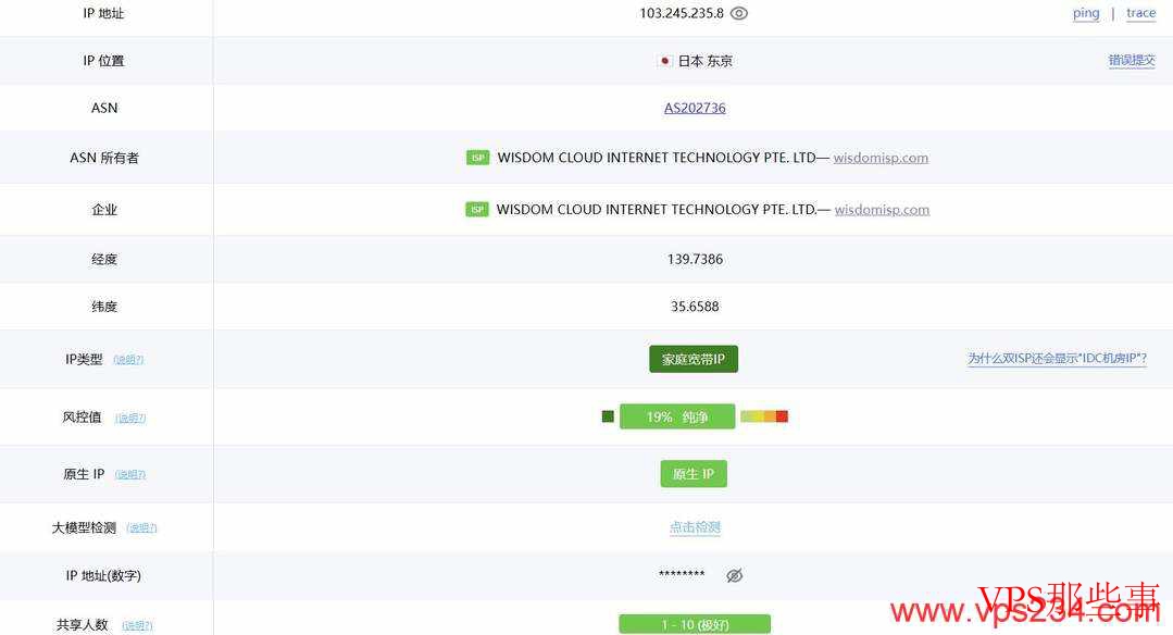 荫云日本家宽VPS IP属性检测