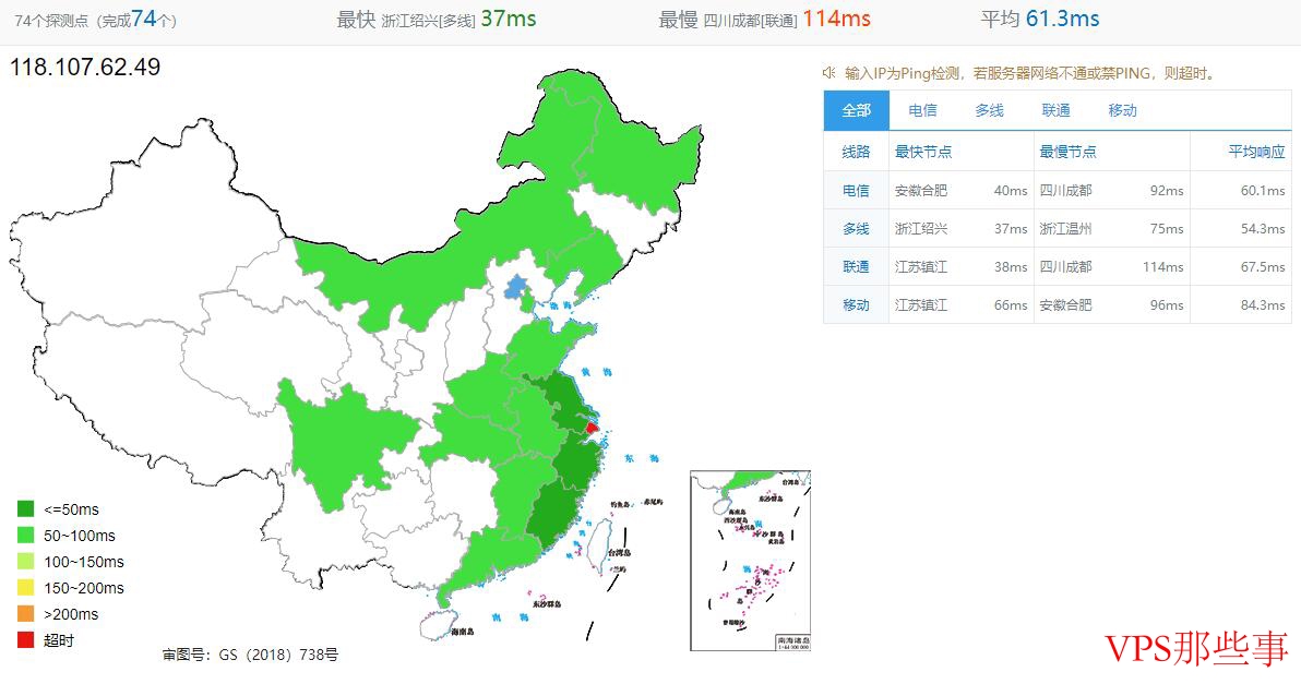 六六云日本软银VPS测评 - 全国Ping测试