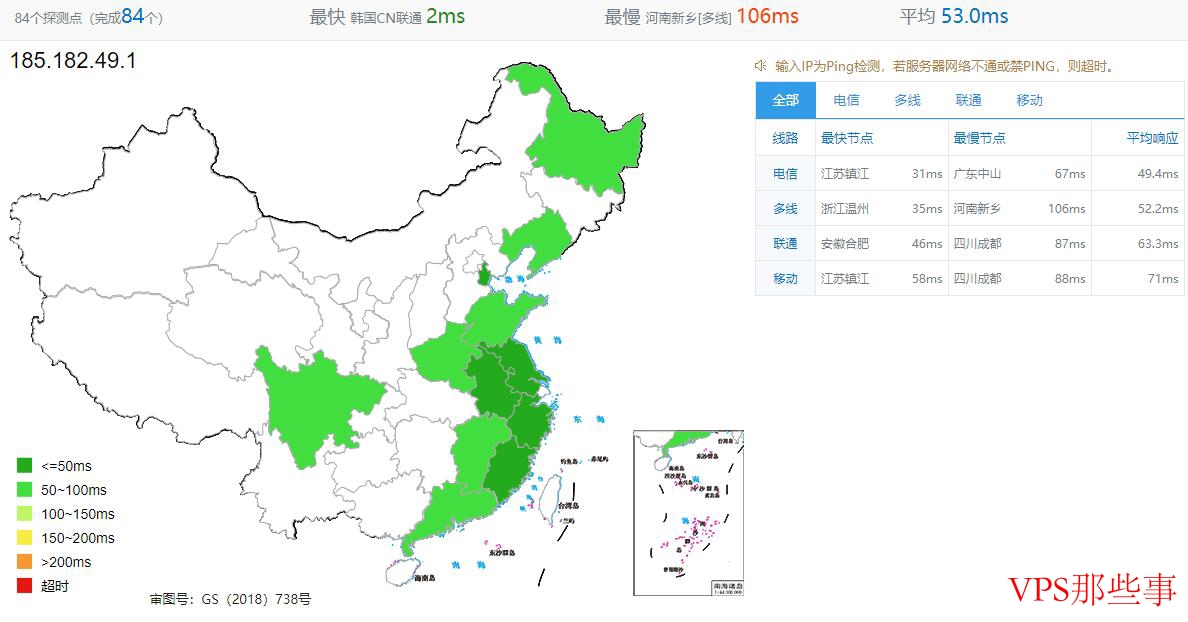 弘速云韩国VPS全国Ping延迟