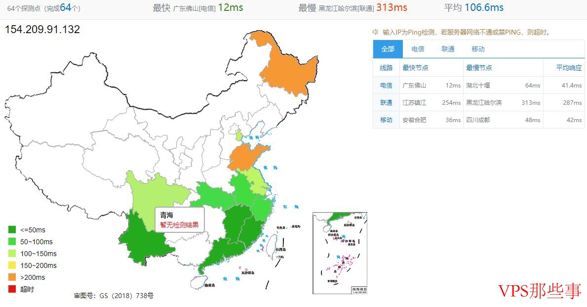 蓝竹云香港VPS全国三网Ping延迟